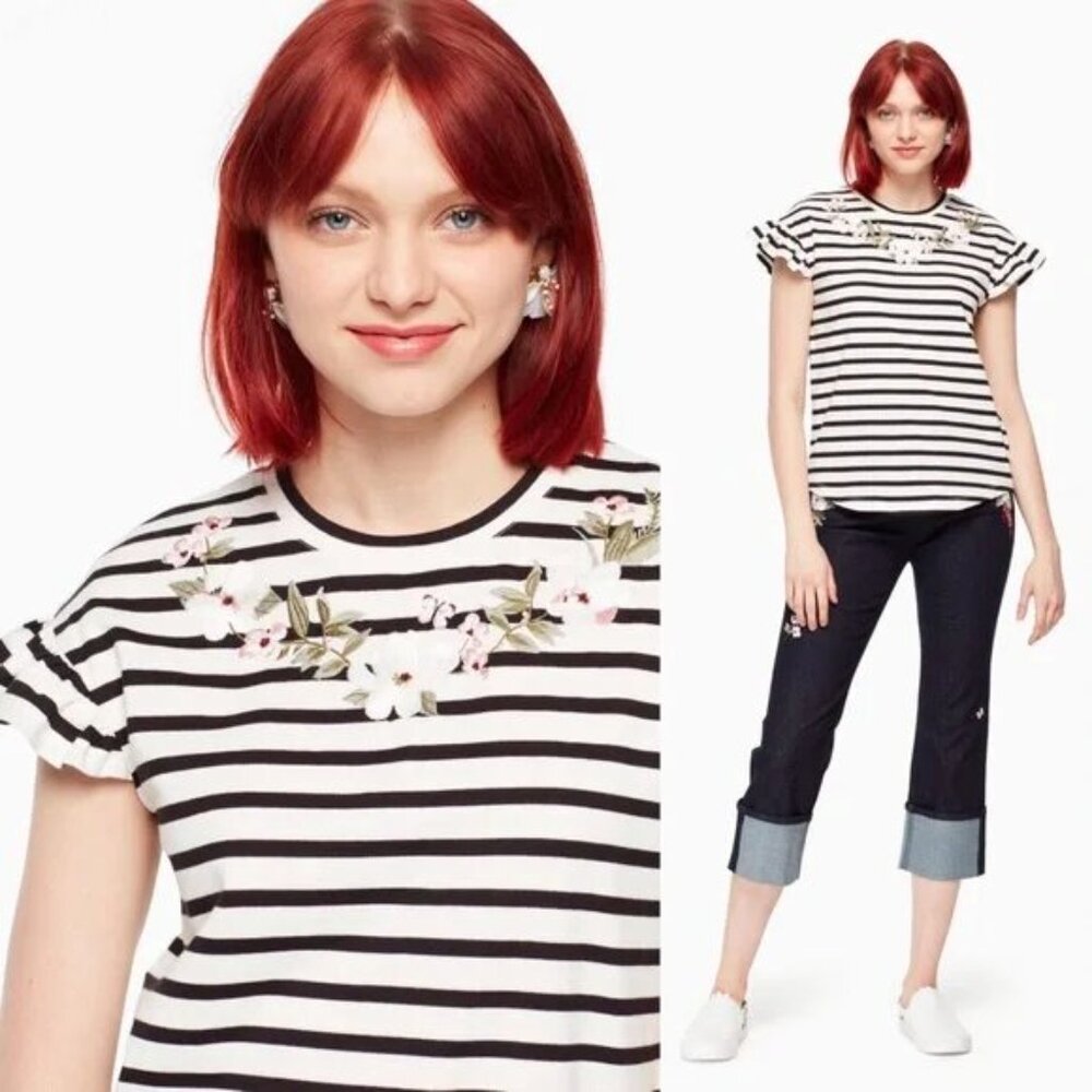 KATE SPADE Striped Floral Embroidered Ruffle Sleeve Shirt Top~Size L